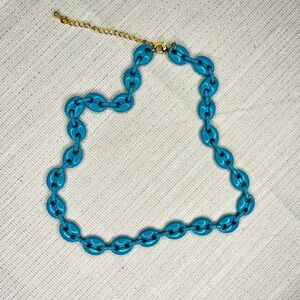 NWOT Enamel & Gold Plated Puffy Mariner /Anchor Chain Necklace in Turquoise 15in